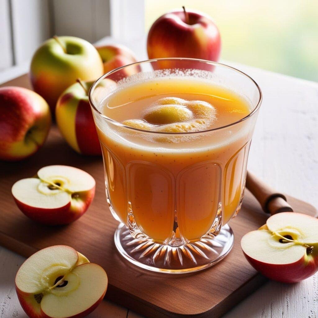 A transparent glass of golden apple juice with added fiber, showing a slightly thick consistency and scattered pulp. Ripe apples and green leaves surround the glass on a rustic wooden table.