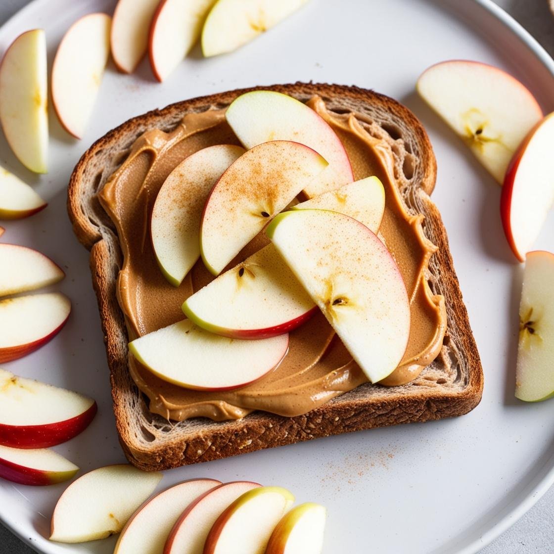 Whole grain toast topped with apple slices and peanut butter.