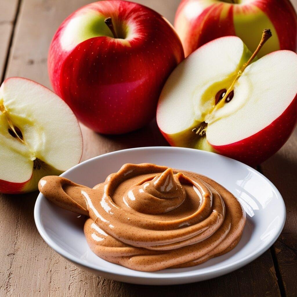 Sliced red apple served with creamy almond butter on a rustic wooden table.