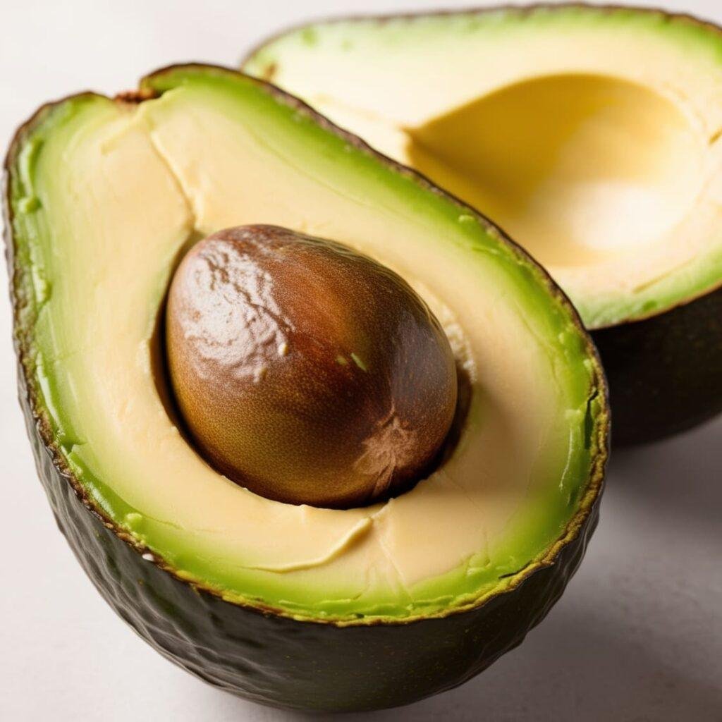 Split avocado showing the creamy green flesh and central seed, emphasizing its fiber and healthy fat content.