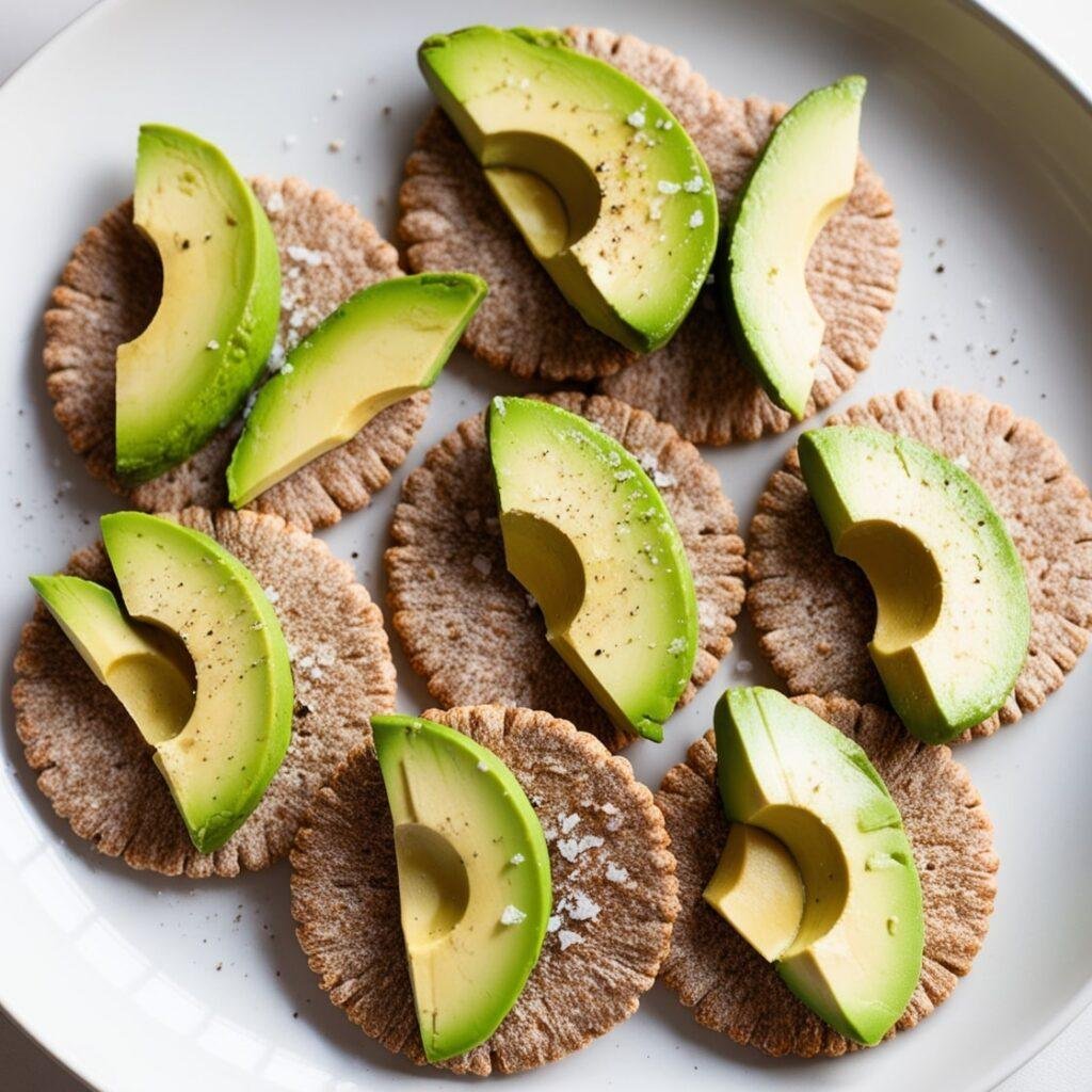 Whole-grain crackers topped with creamy avocado slices, garnished with sea salt, on a rustic plate.
