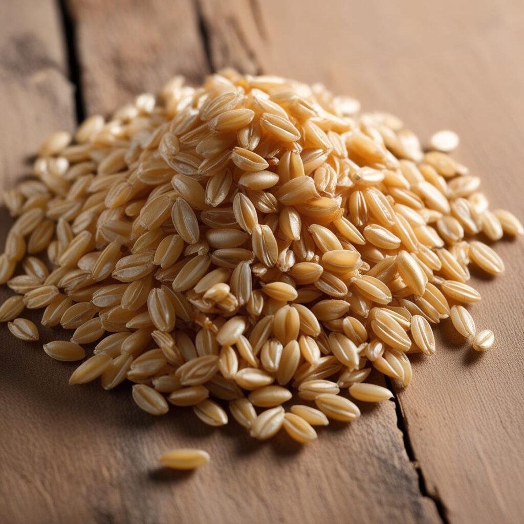 Barley grains spread on a wooden surface, highlighting their beta-glucan fiber content for gut health.