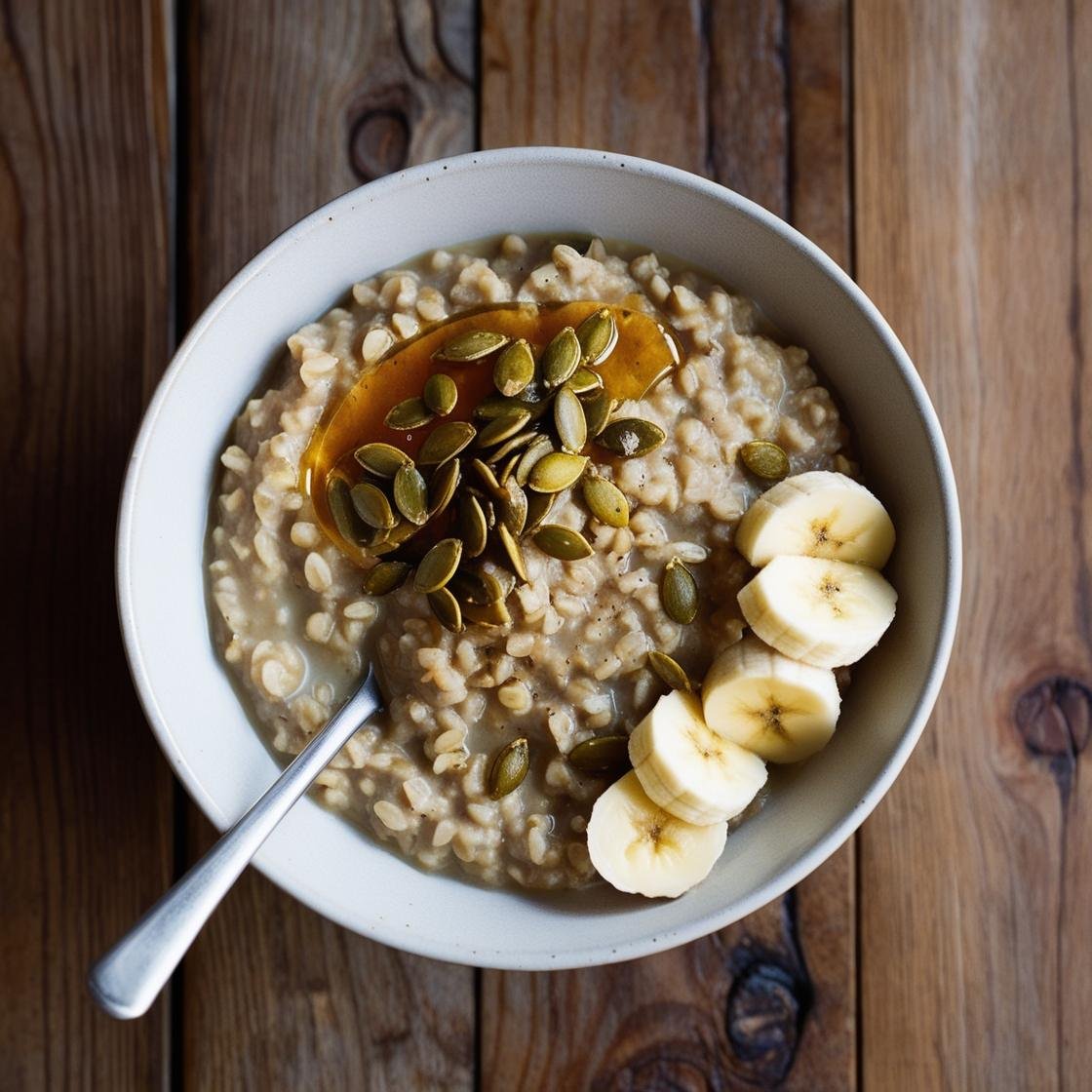 Barley porridge topped with pumpkin seeds in a bowl.