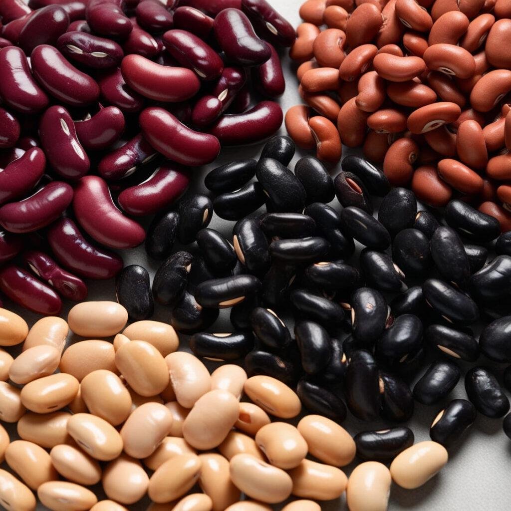 Assortment of beans in a bowl, featuring kidney, black, and pinto beans, known for their fiber and nutrient density.