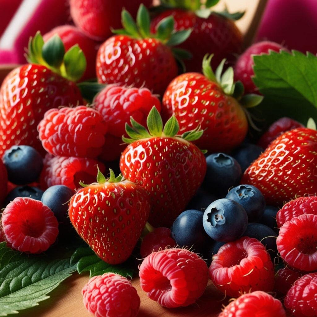 Close-up of strawberries and raspberries, highlighting their fiber-rich quality and vibrant colors.