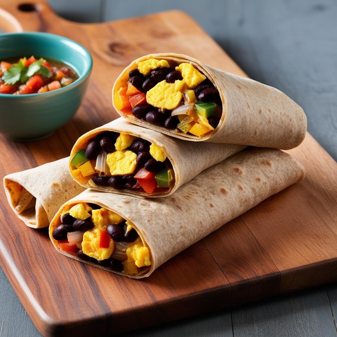 Black bean breakfast burrito with salsa on the side.