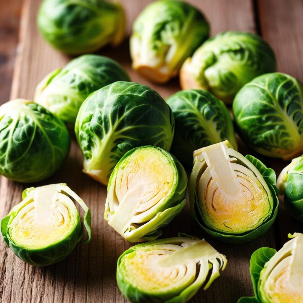 Whole and halved Brussels sprouts on a rustic surface, showcasing their dense, leafy texture.