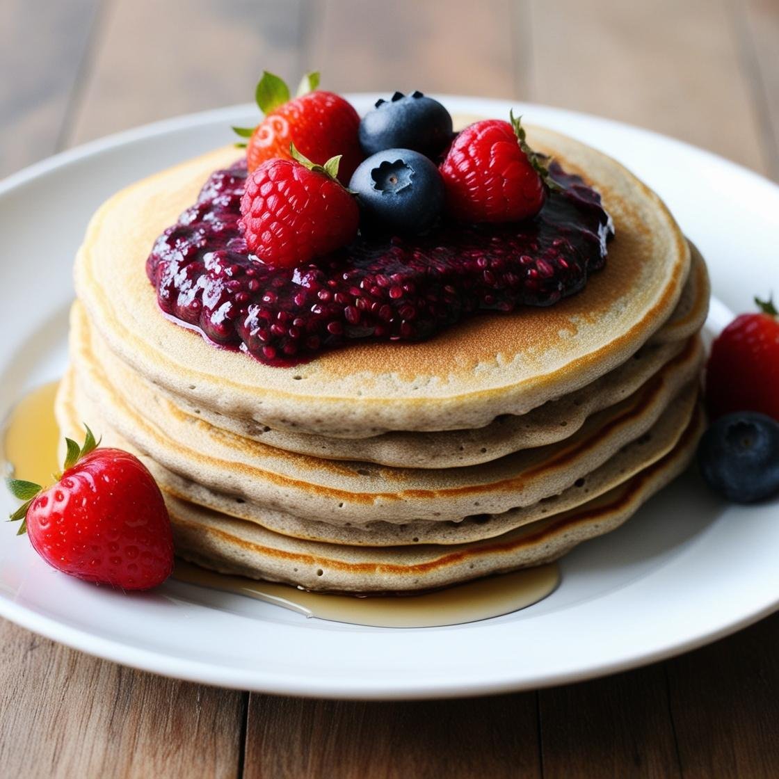 Buckwheat pancakes topped with chia jam and fresh fruits.