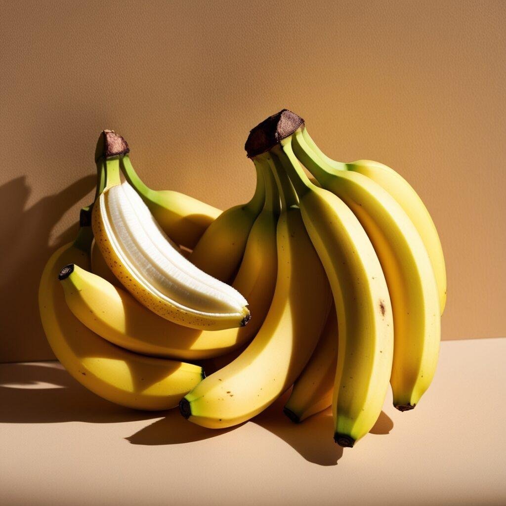 A bunch of yellow bananas with one partially peeled to show the soft, creamy interior.