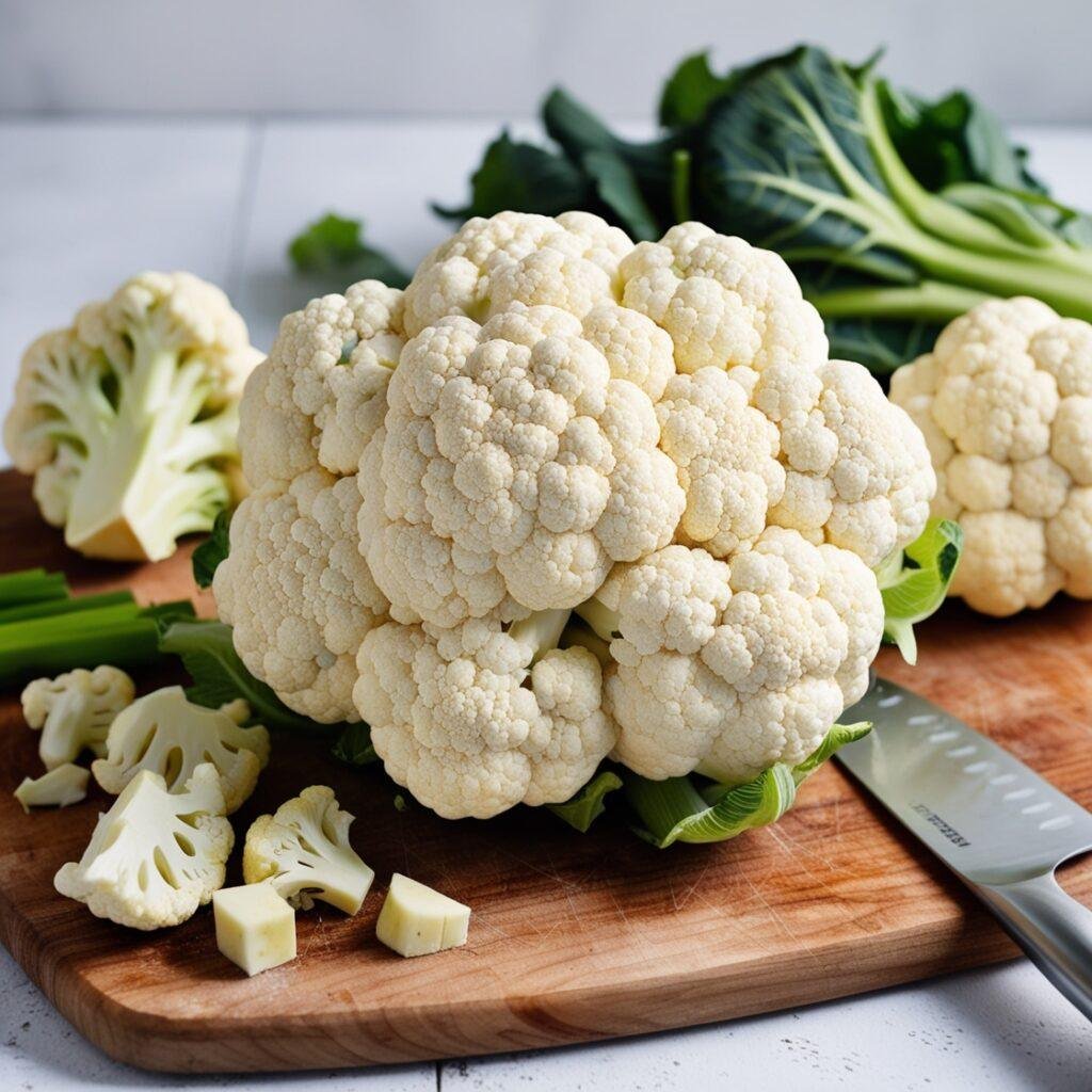 A fresh head of cauliflower and chopped florets on a rustic wooden cutting board, highlighting this nutritious and versatile high-fiber low-carb food ready for cooking.