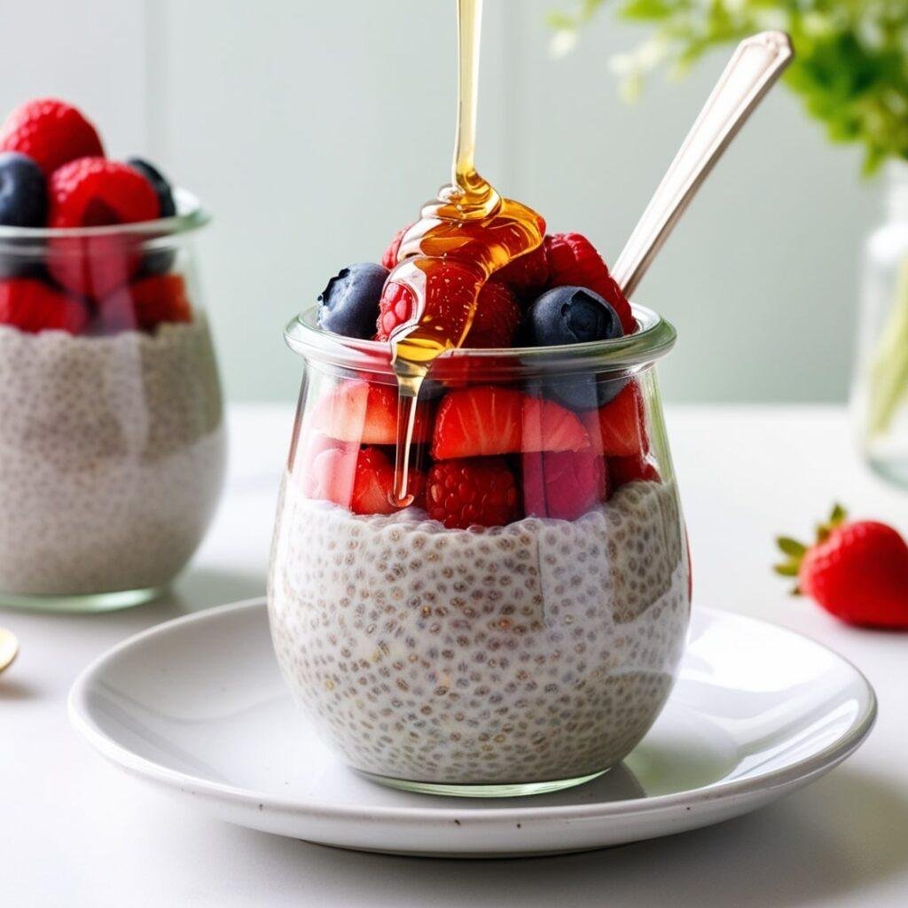 Clear glass jar filled with creamy chia pudding topped with fresh berries and a drizzle of honey, set against a bright, airy background.