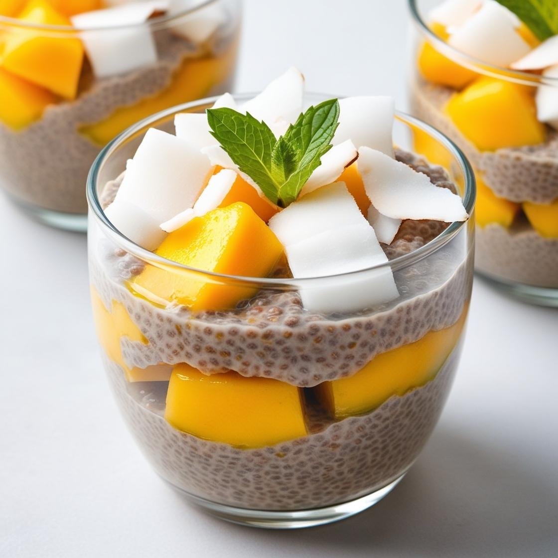 Chia pudding layered with coconut and mango in a glass.