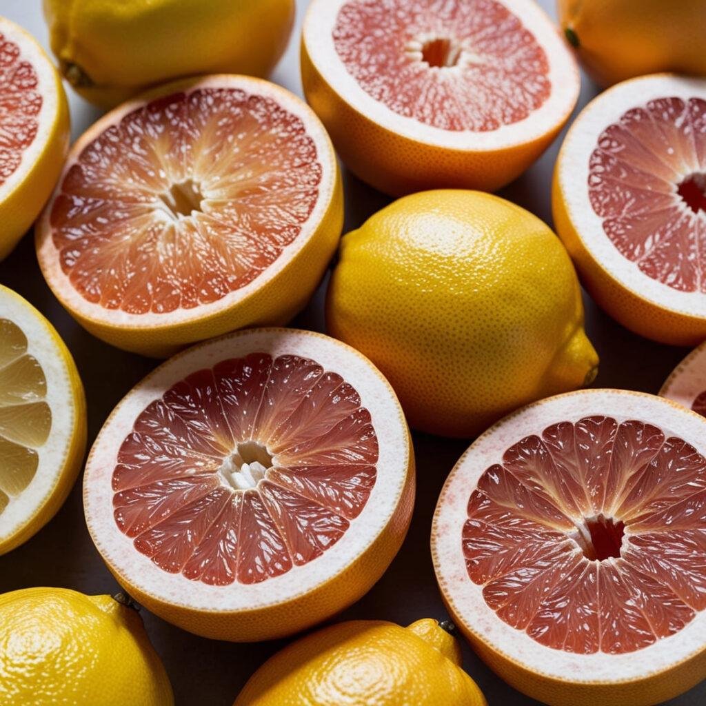 Assorted citrus fruits, including grapefruit and lemons, highlighting their fiber-rich pith and juicy interior.