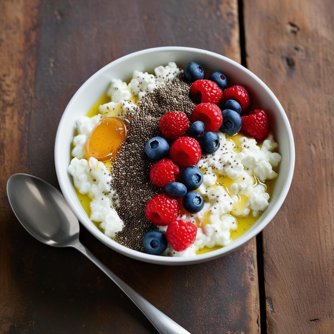 Cottage cheese topped with fruits and nuts in a bowl.