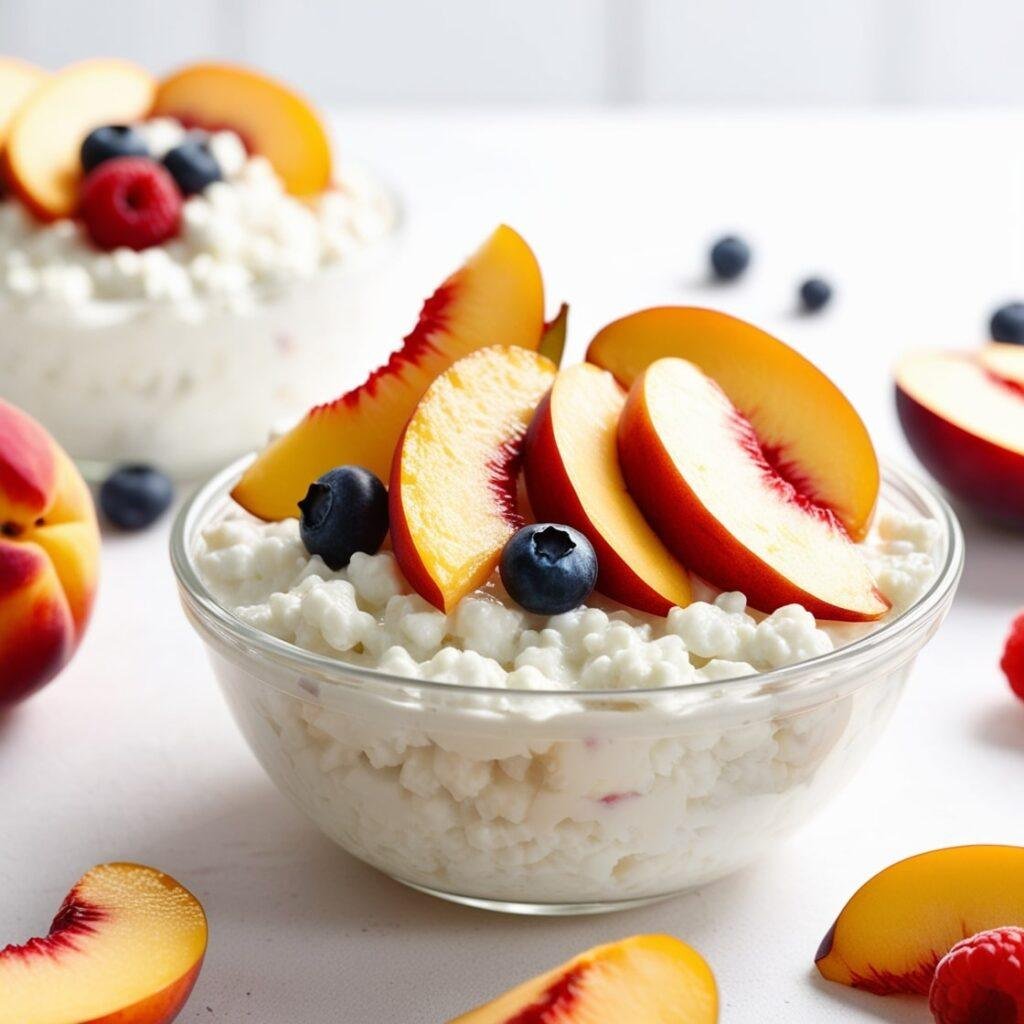 A bowl of cottage cheese topped with slices of fresh peaches, pears, and berries on a light background.