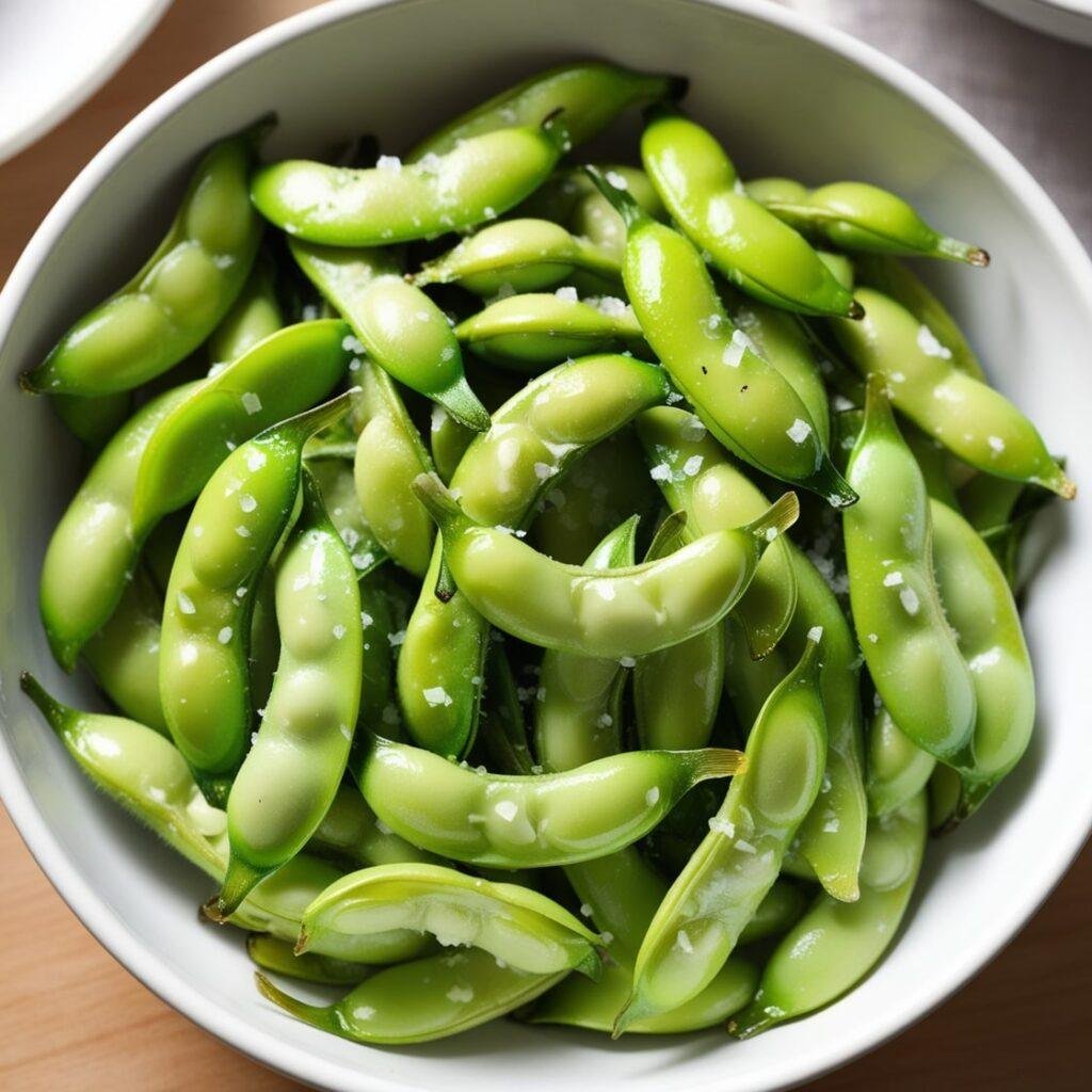 A bowl of bright green steamed edamame pods sprinkled with sea salt on a wooden table.
