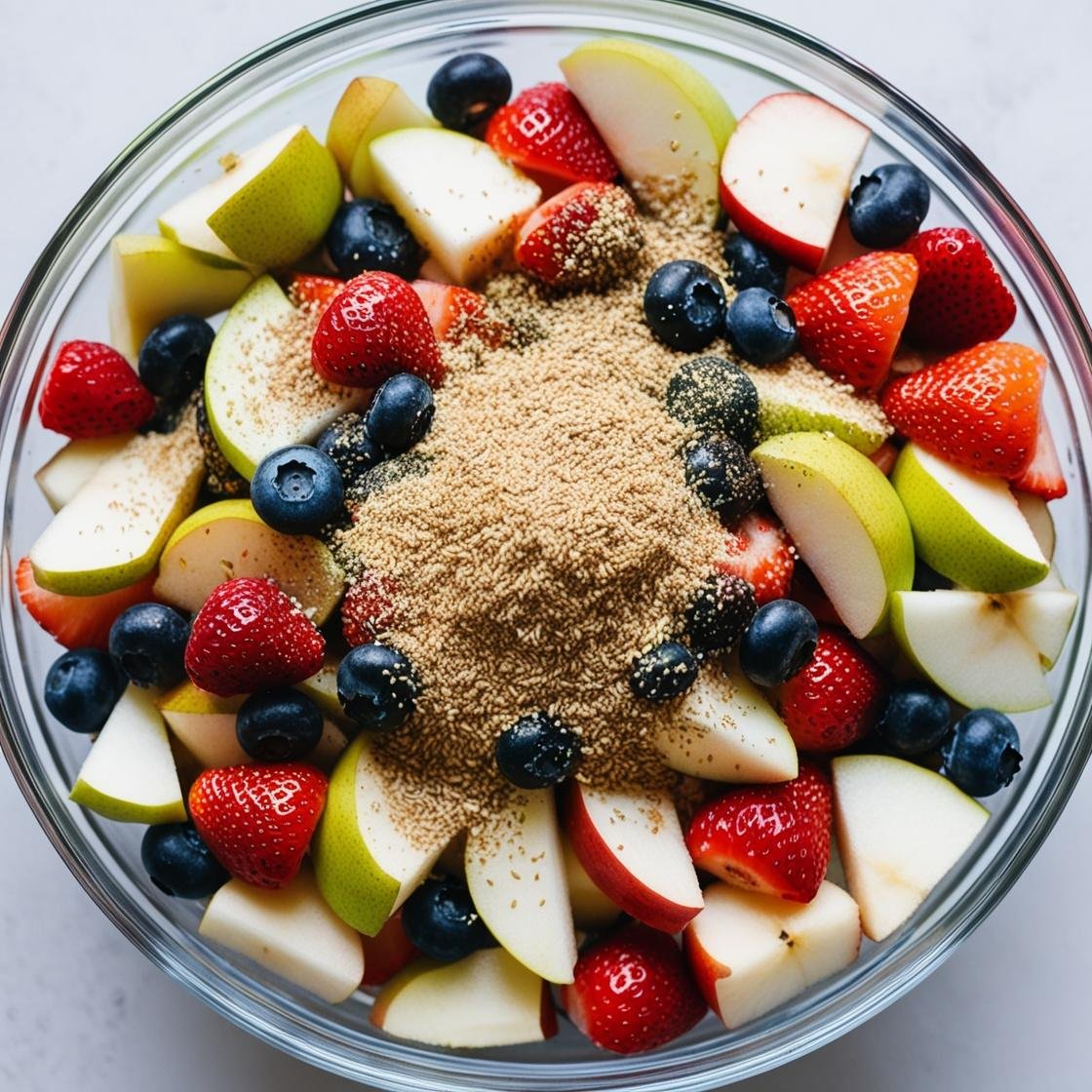 Fruit salad topped with ground flaxseed in a bowl.