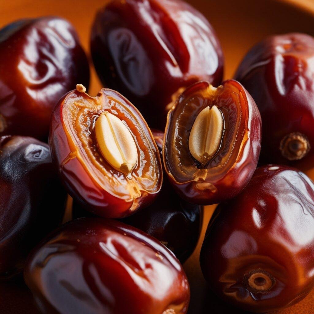 A few fresh dates with a glossy brown exterior, one cut open to reveal sticky, fibrous interior.