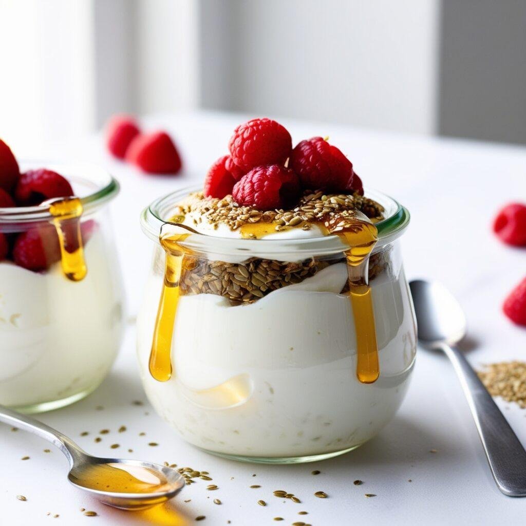 A jar of creamy Greek yogurt topped with flax seeds and fresh berries, drizzled with honey.