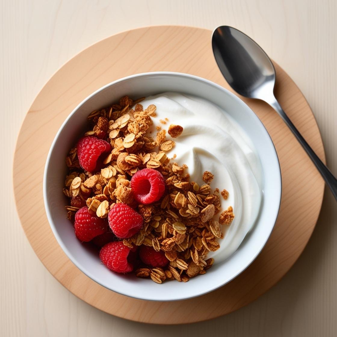 Greek yogurt with granola and raspberries in a bowl.