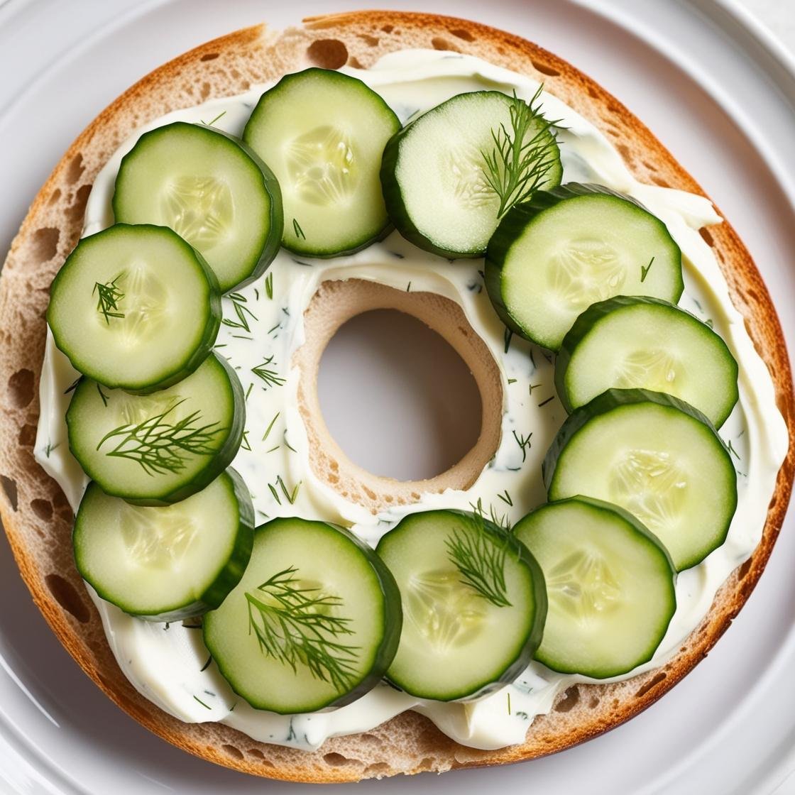 High fiber bagel with cream cheese and cucumber slices.