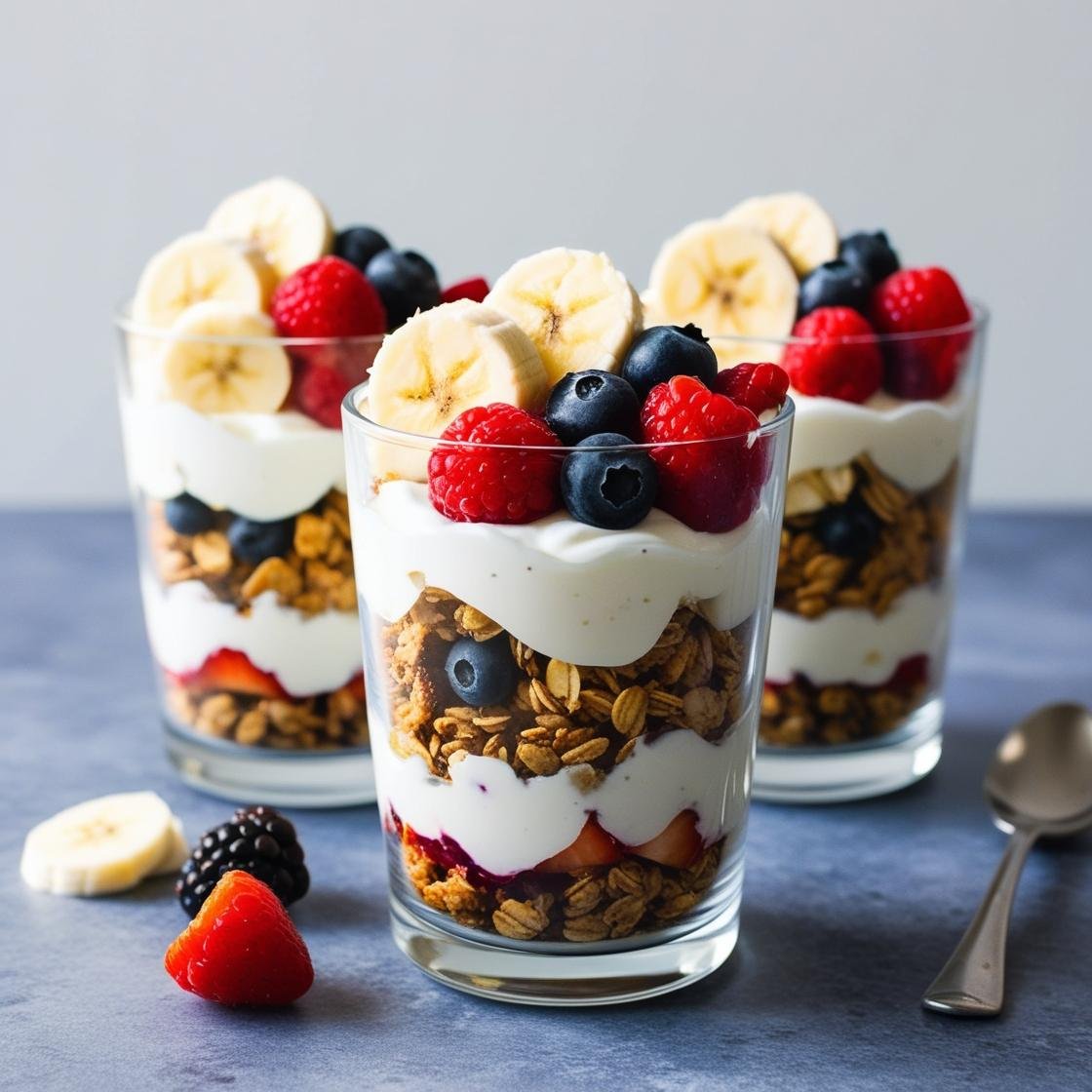 Breakfast parfait with Greek yogurt, granola, and fresh fruits.