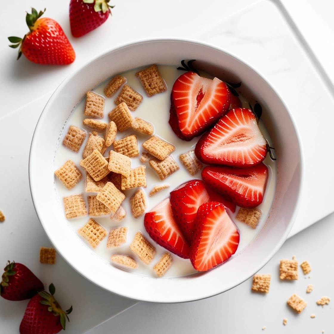 High fiber cereal with almond milk and strawberries in a bowl.