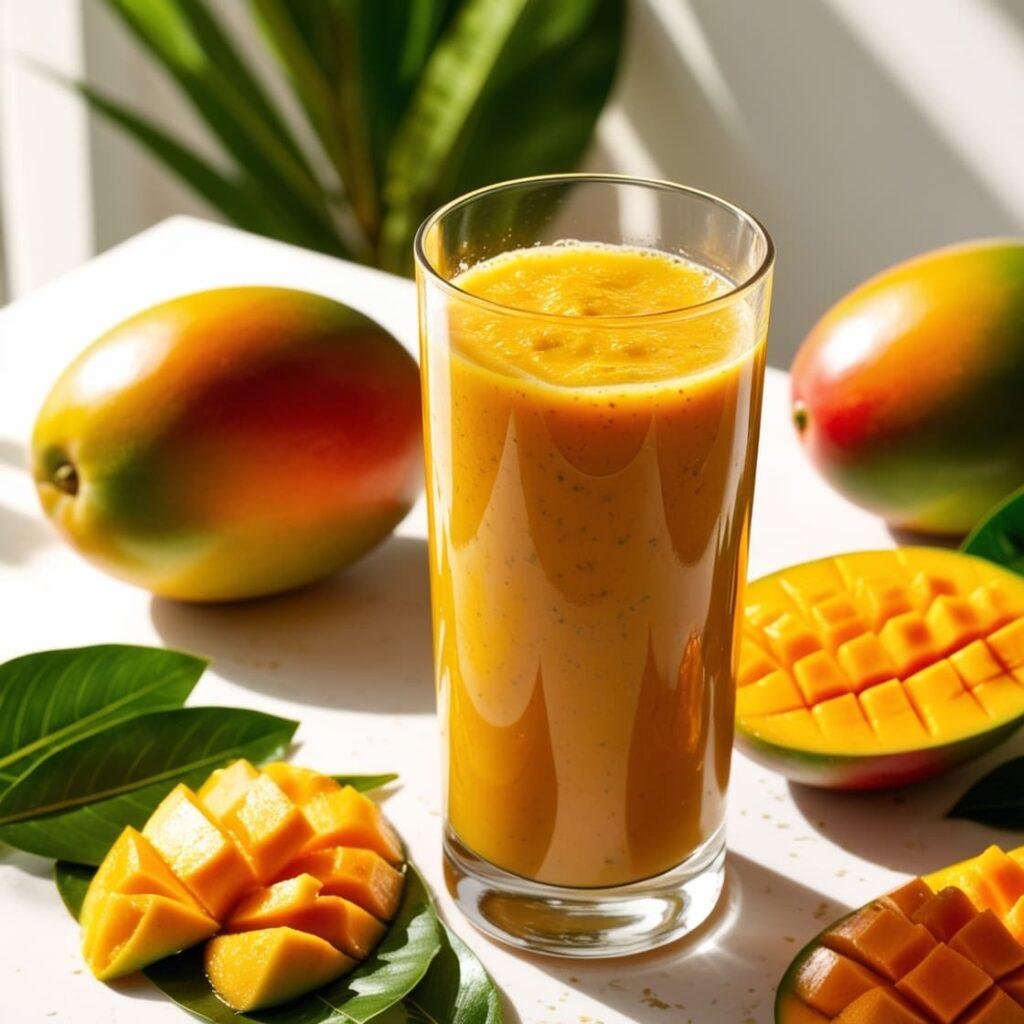 A rich, golden mango juice in a tall glass with a slice of mango on the rim, surrounded by fresh mangoes and green leaves for a tropical vibe.