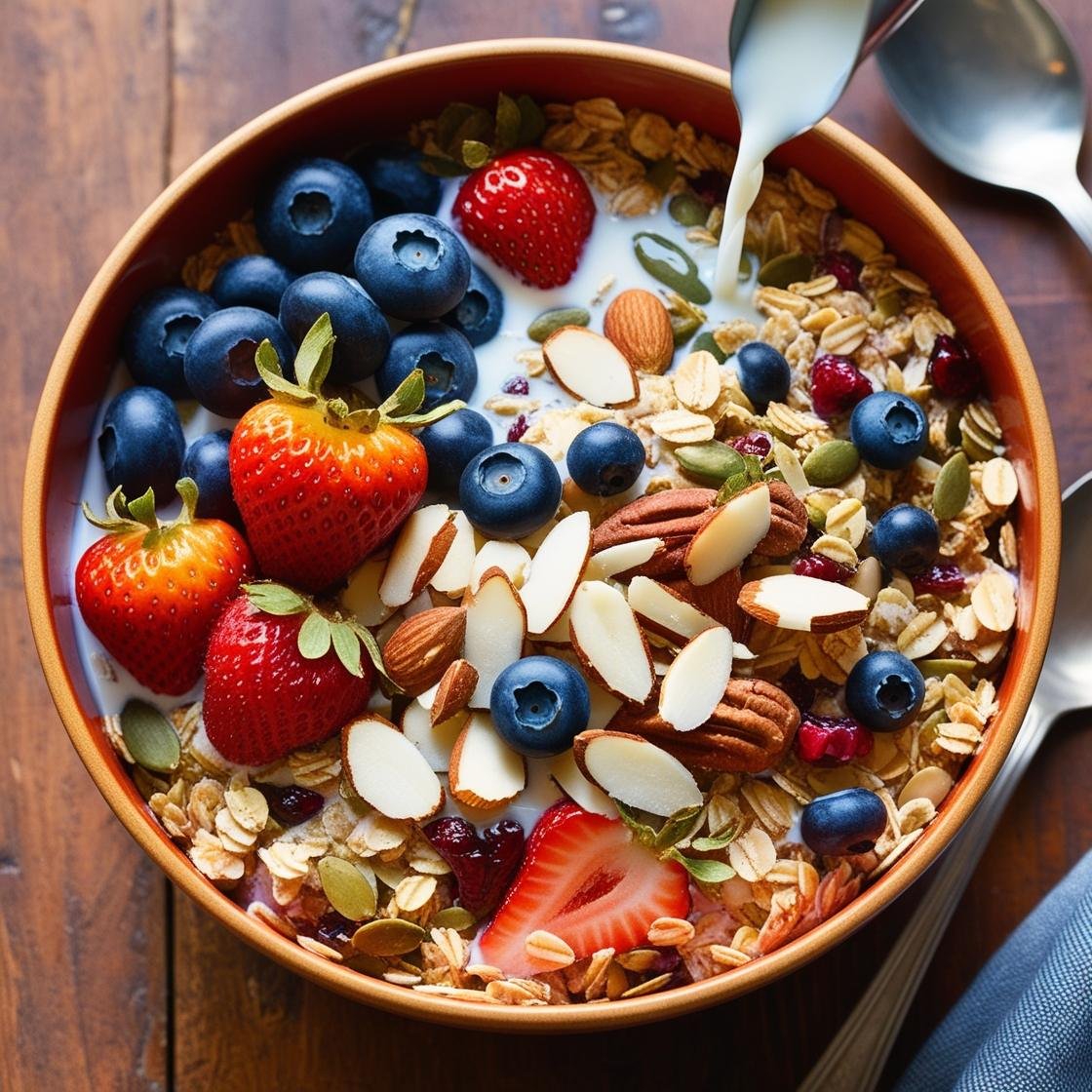 Muesli topped with almonds and berries in a bowl.