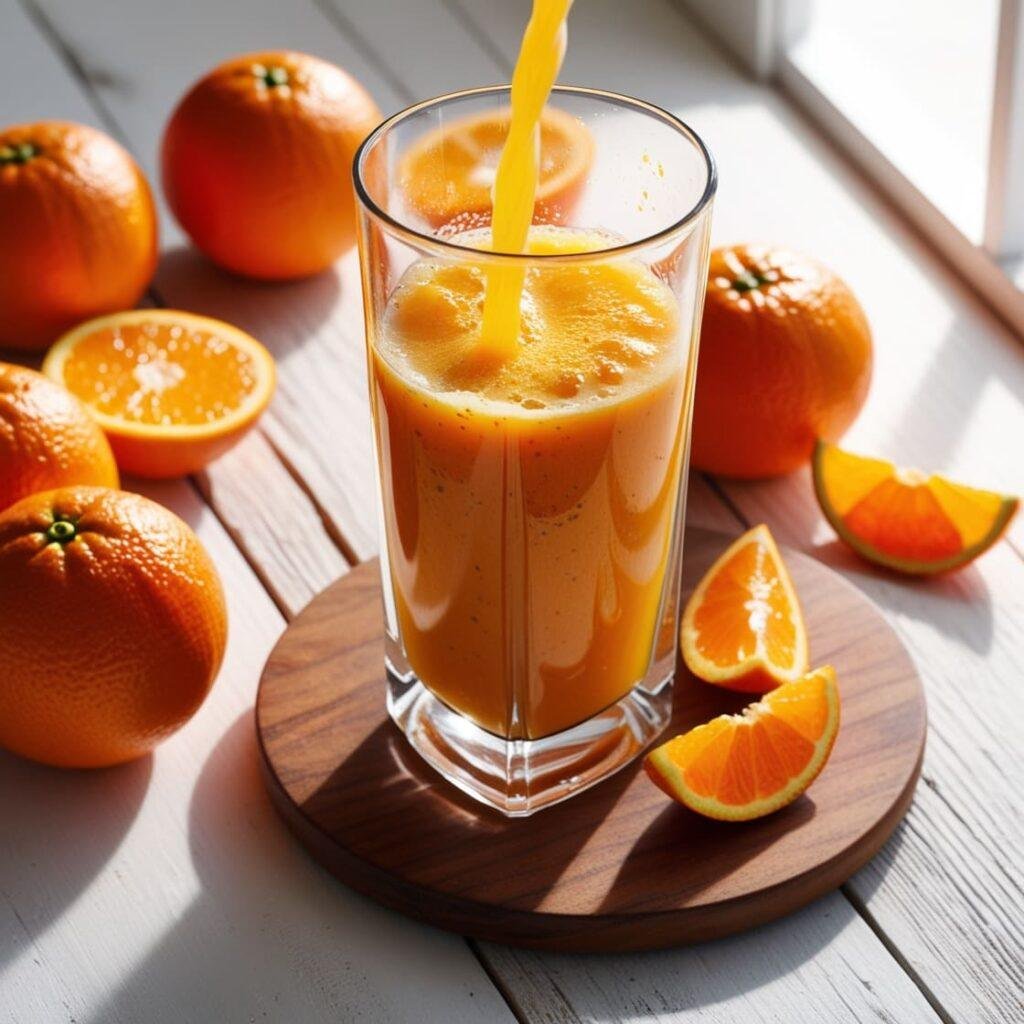 A clear glass of high-fiber orange juice with visible pulp, showcasing a vibrant orange color and slightly thick texture, placed on a wooden surface with fresh oranges and green leaves in the background.