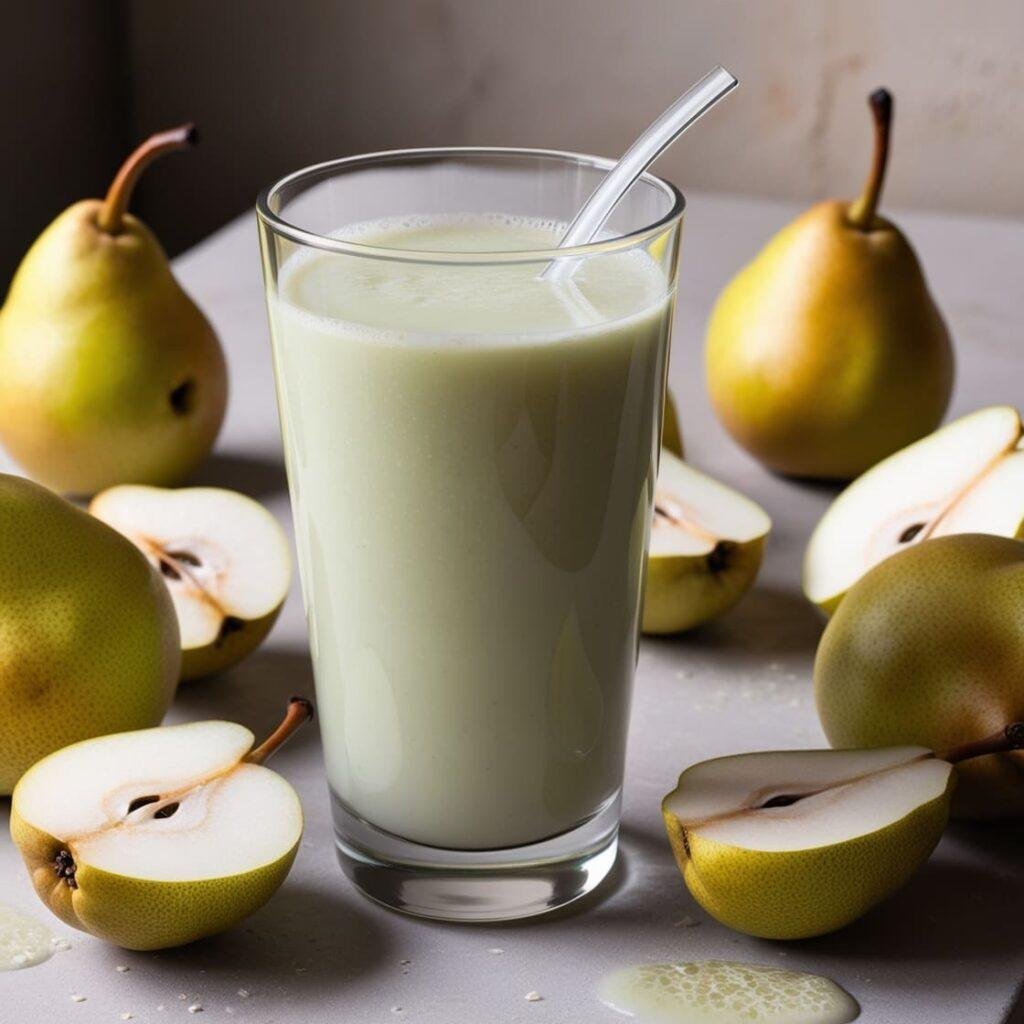 A refreshing glass of pear juice with a light yellow tint, set against a wooden table with a ripe pear on the side, evoking a natural and wholesome feel.