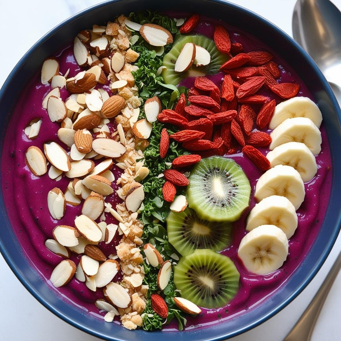 Smoothie bowl topped with almonds and goji berries.