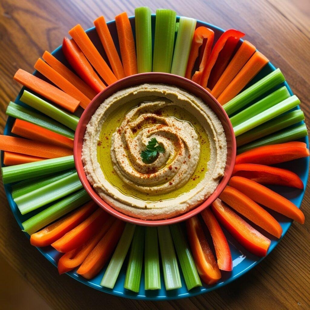 A healthy snack platter featuring creamy hummus surrounded by colorful fresh vegetables like carrots, bell peppers, and celery.