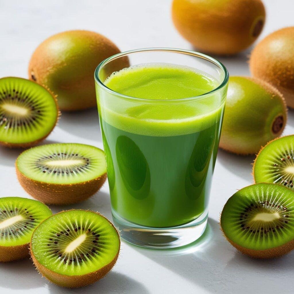 A glass of vibrant green kiwi juice with fresh kiwis and kiwi slices placed beside it, highlighting its high fiber content and digestive health benefits.