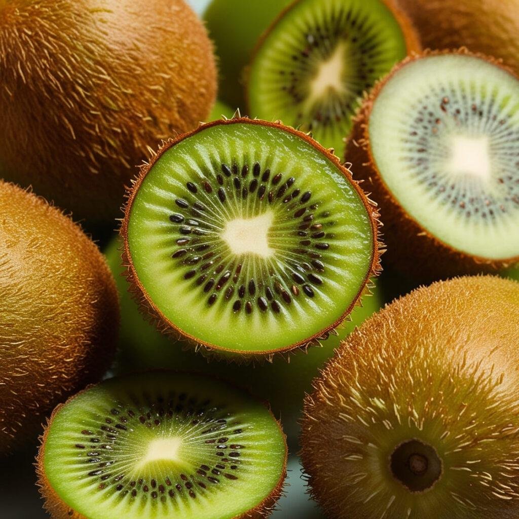 Whole and sliced kiwifruit with green flesh and black seeds, highlighting its fiber-rich and juicy texture.