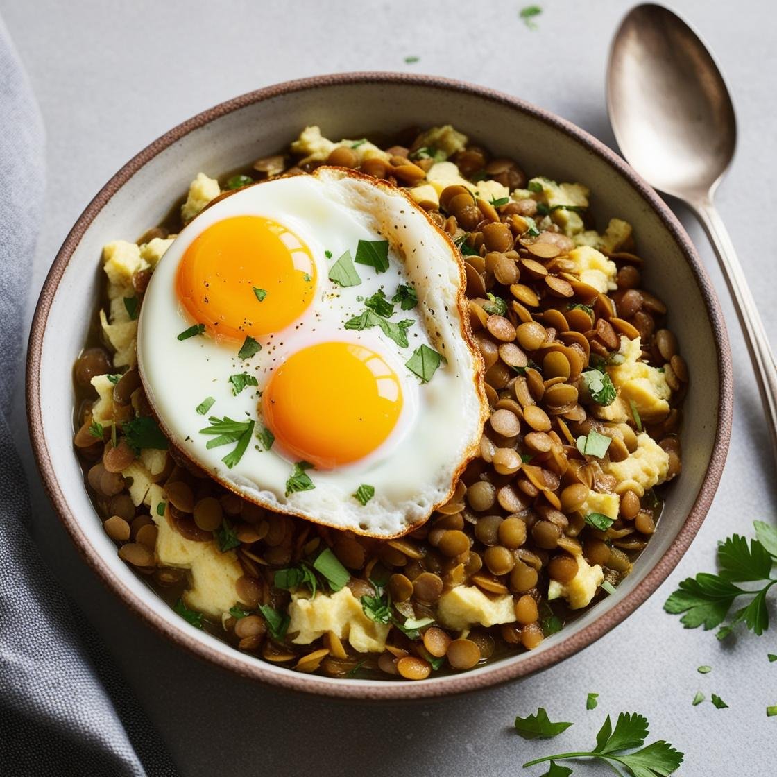 Lentil breakfast bowl topped with poached eggs.