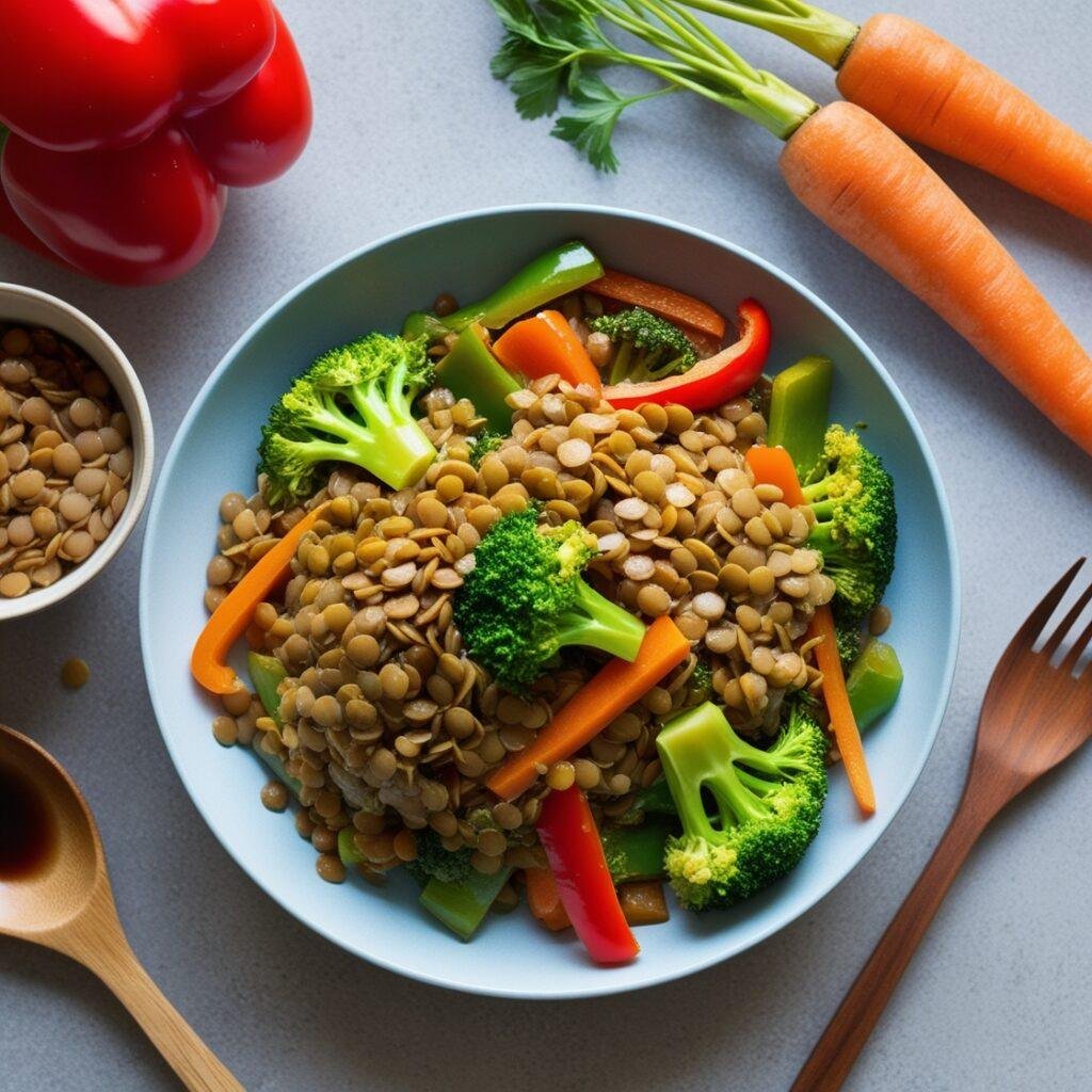 2. Lentil and Vegetable Stir-Fry Lentils paired with stir-fried veggies make for a quick, fiber-filled dinner. Ingredients: Lentils, broccoli, bell pepper, carrot, soy sauce. Prep: Stir-fry veggies, add lentils, and cook for 3-4 minutes.
