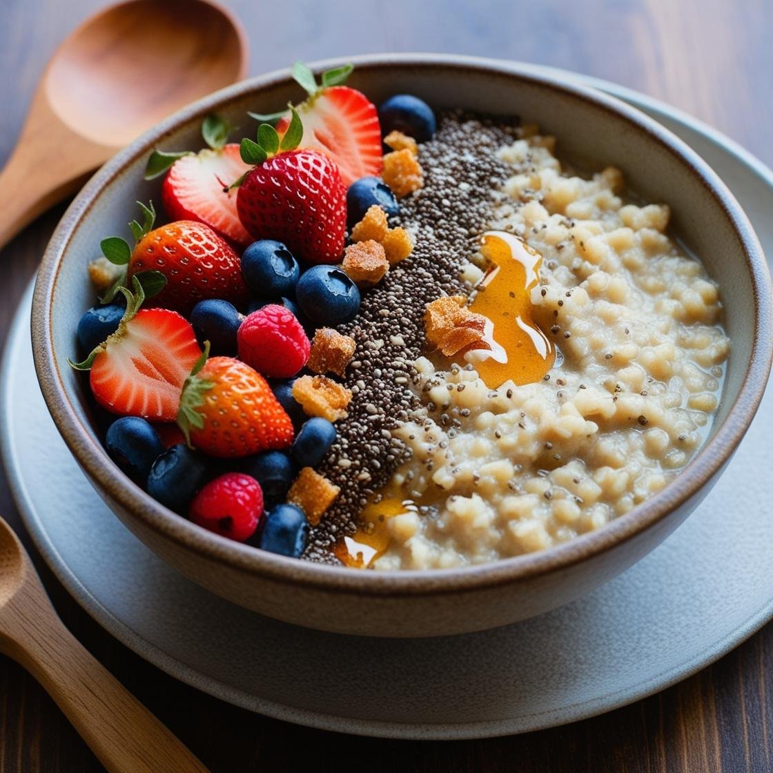 Millet breakfast bowl topped with chia seeds and berries.