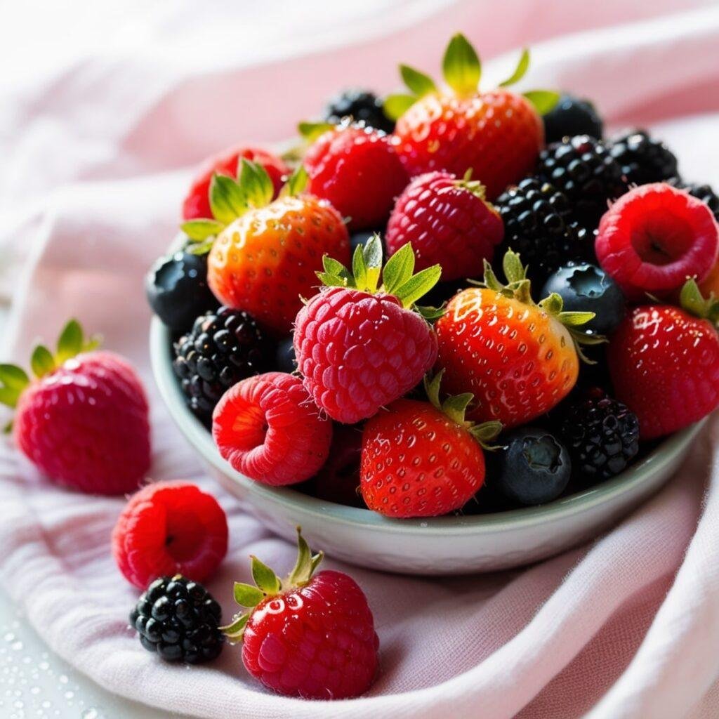 A vibrant bowl of fresh mixed berries including raspberries, strawberries, and blackberries, displayed on a pastel cloth.