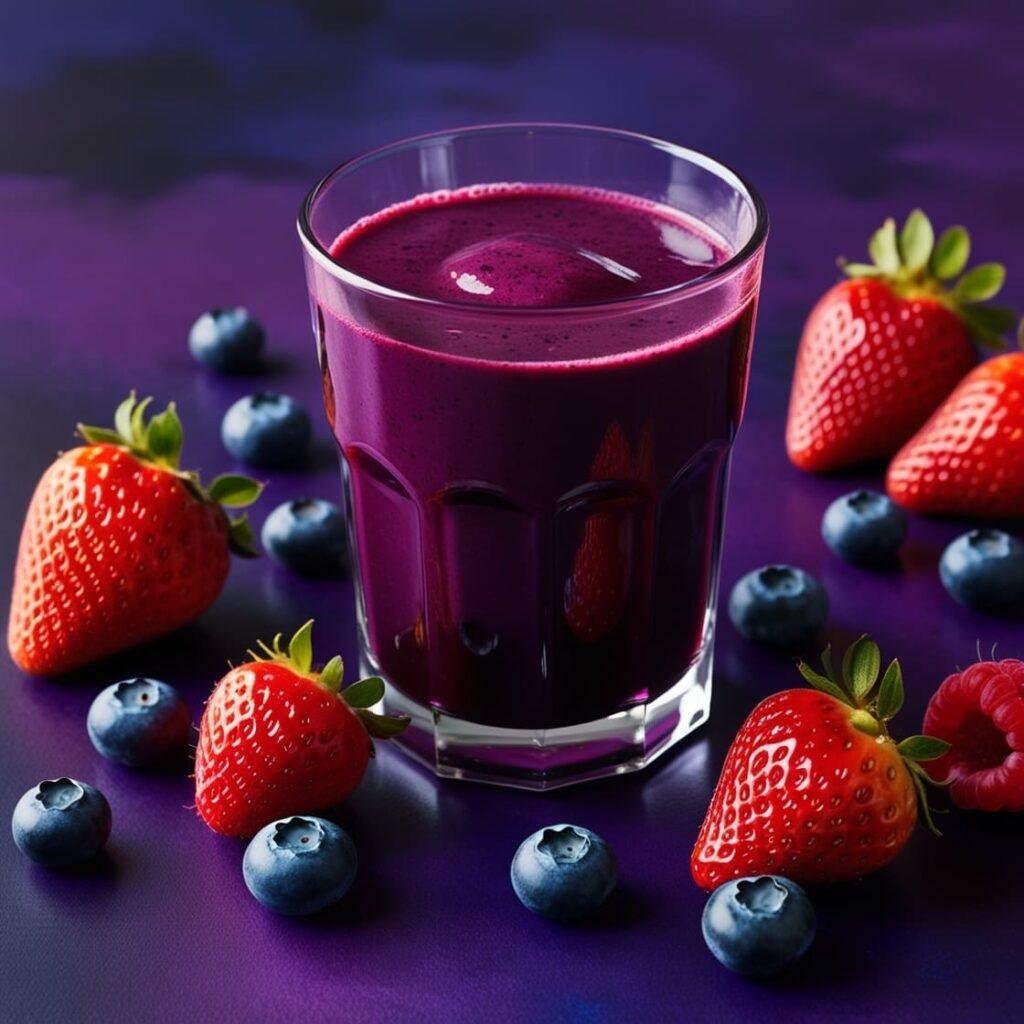 A rich purple mixed berry juice with strawberries, blueberries, and raspberries around the glass, showcasing its high fiber and antioxidant properties for digestive health.