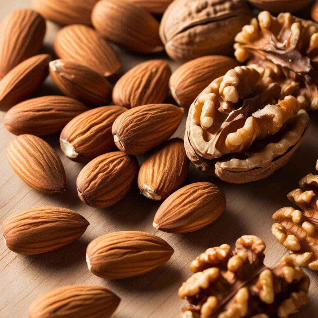 Close-up of almonds and walnuts, focusing on their fiber, healthy fats, and textures.