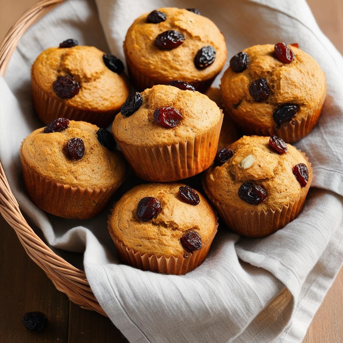 Oat bran muffins with raisins arranged on a plate.