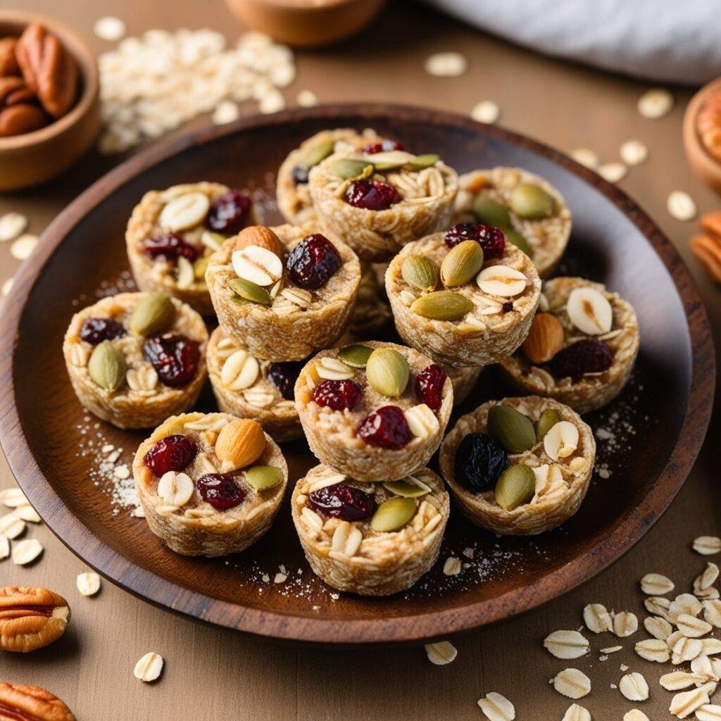 A plate of colorful homemade oatmeal bites with nuts and dried fruits on a wooden surface.