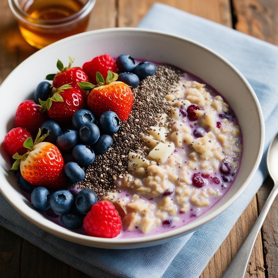 Oatmeal topped with chia seeds and mixed berries, served in a bowl.