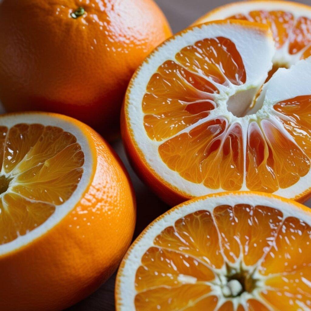 Whole and sliced oranges, highlighting the soluble fiber in the white pith for digestion support.