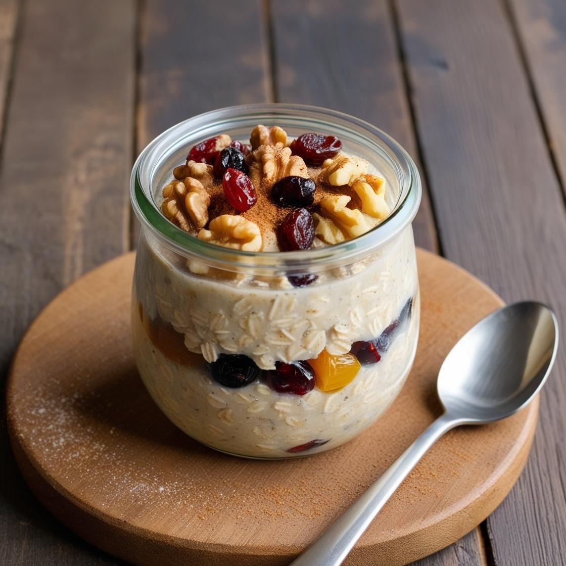 Overnight oats topped with walnuts and dried fruit in a jar.