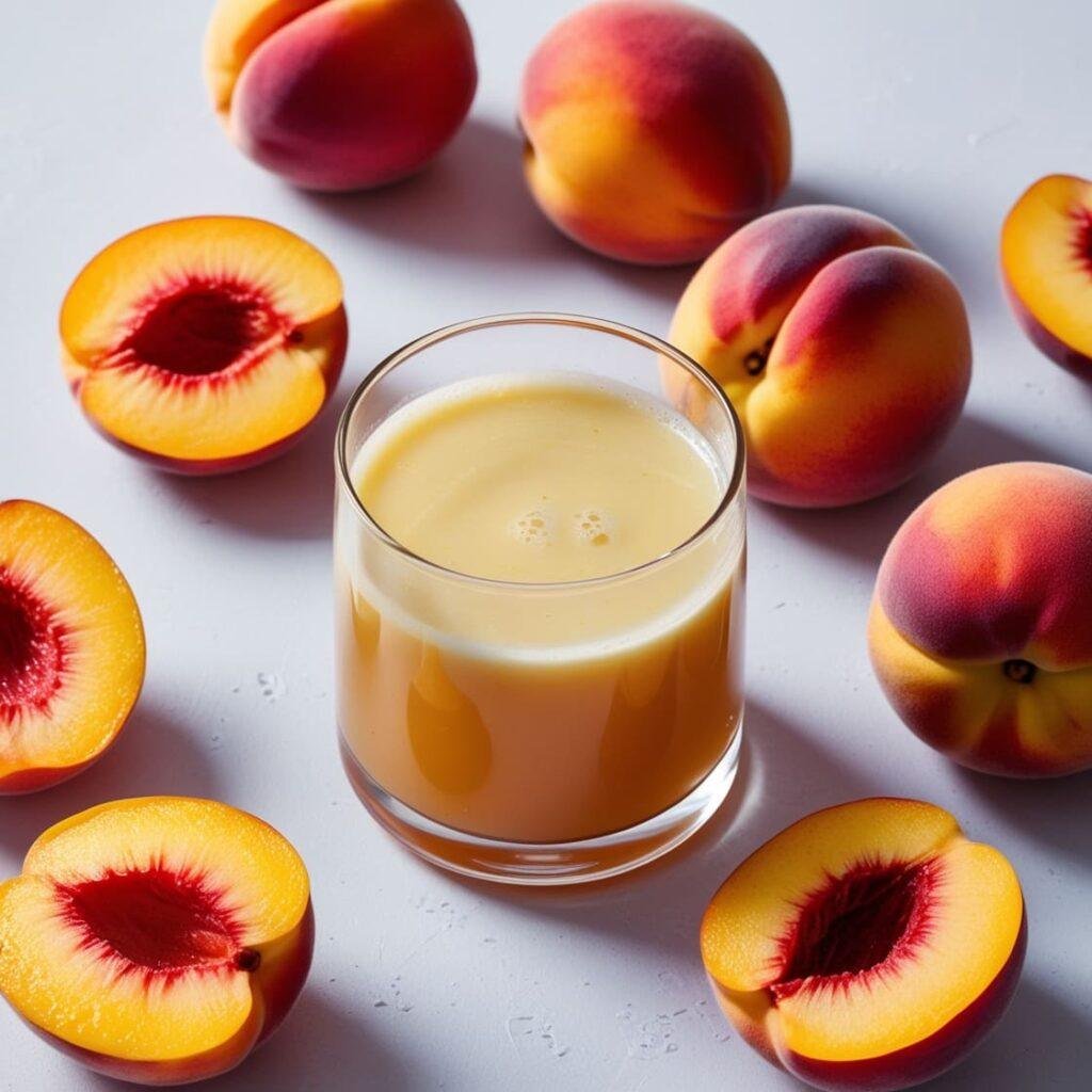 A glass of golden peach juice surrounded by fresh peach slices, representing its gentle and stomach-friendly qualities for smooth digestion.