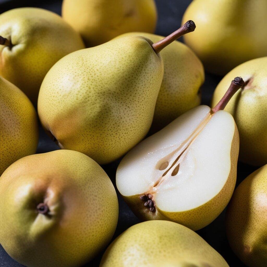 Whole and sliced pears, showcasing their juicy texture and pectin fiber content for digestive benefits.