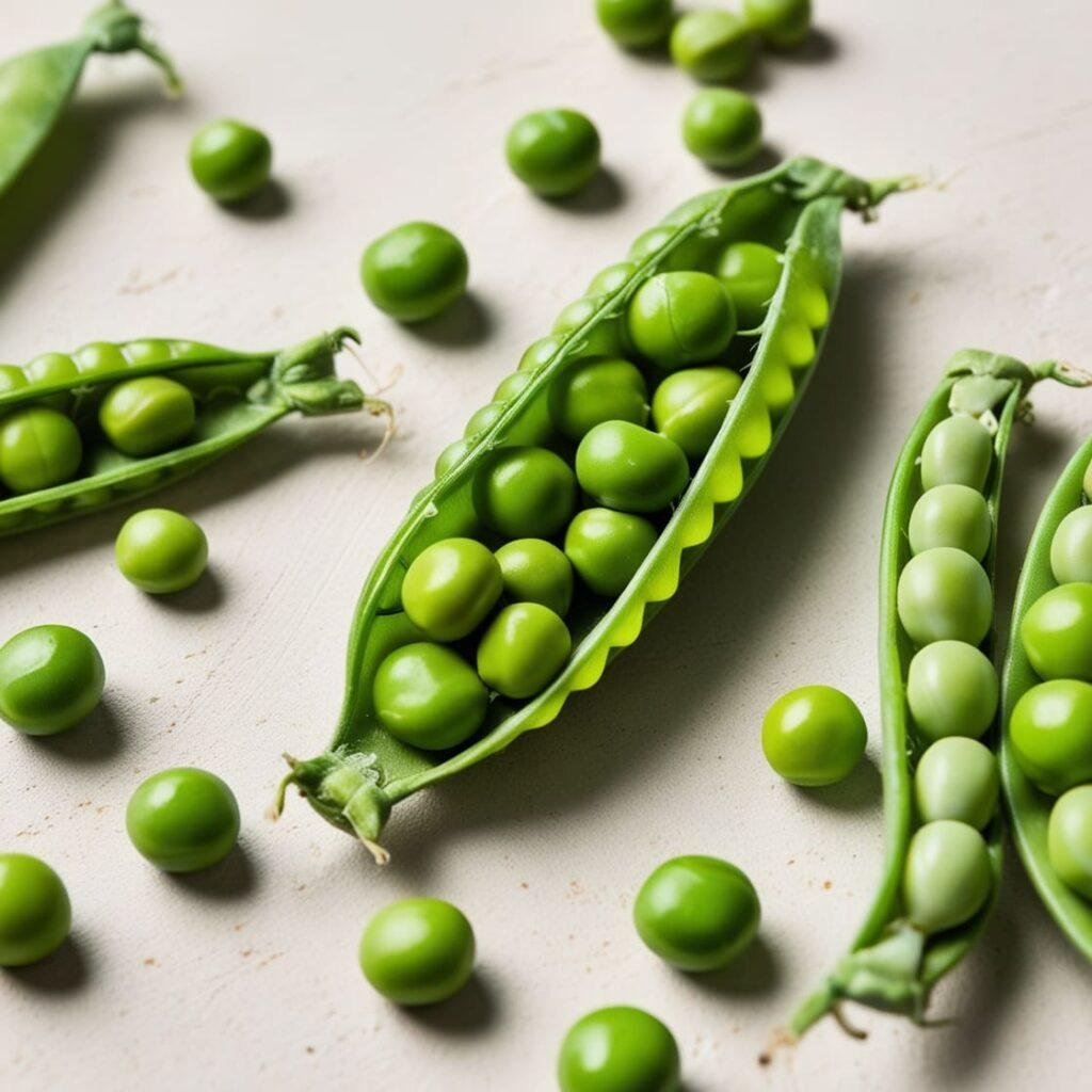 Fresh green peas, both in pods and shelled, emphasizing their fiber-rich quality and vibrant green color.