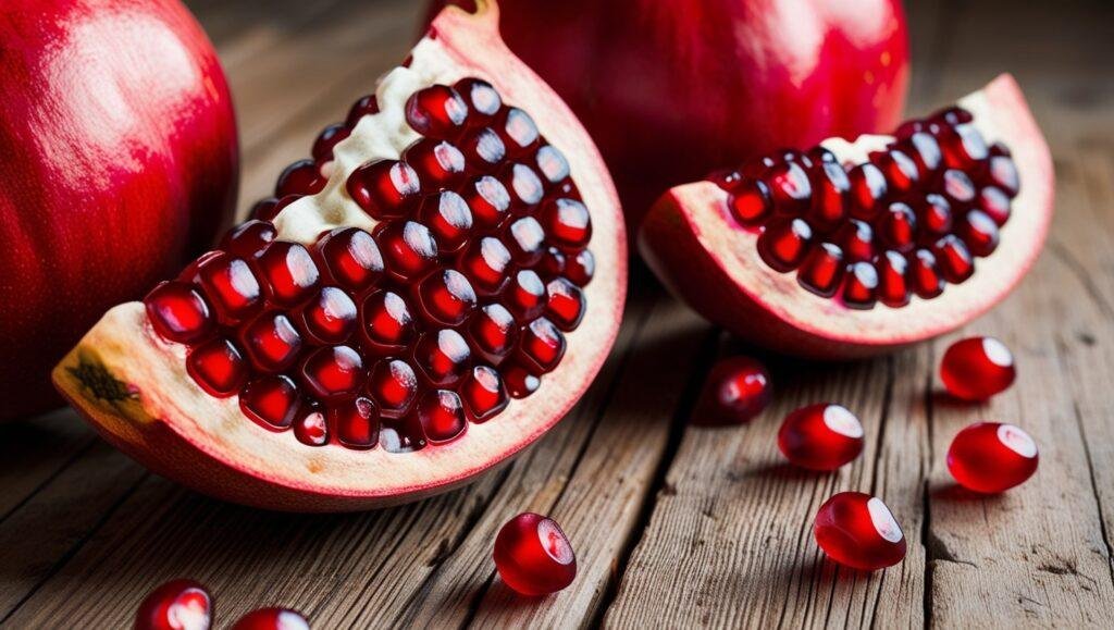 Close-up of a pomegranate cut open to show juicy red arils arranged within white pith on a rustic surface.